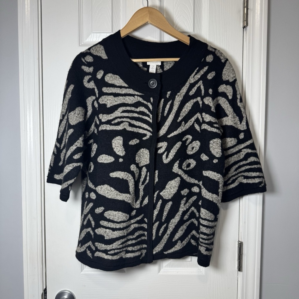 Chicos Marled Knit Animal Print Sweater Open Front 1-Button Wool Blend 2 XL